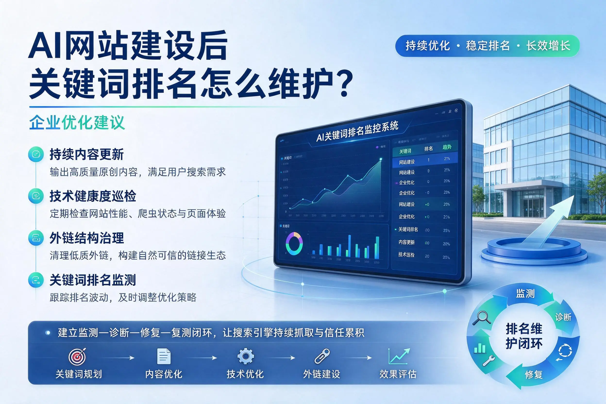 AI网站建设后关键词排名怎么维护?资阳企业优化建议